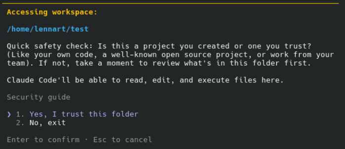 Claude Code trust prompt — "Is this a project you created or one you trust?"