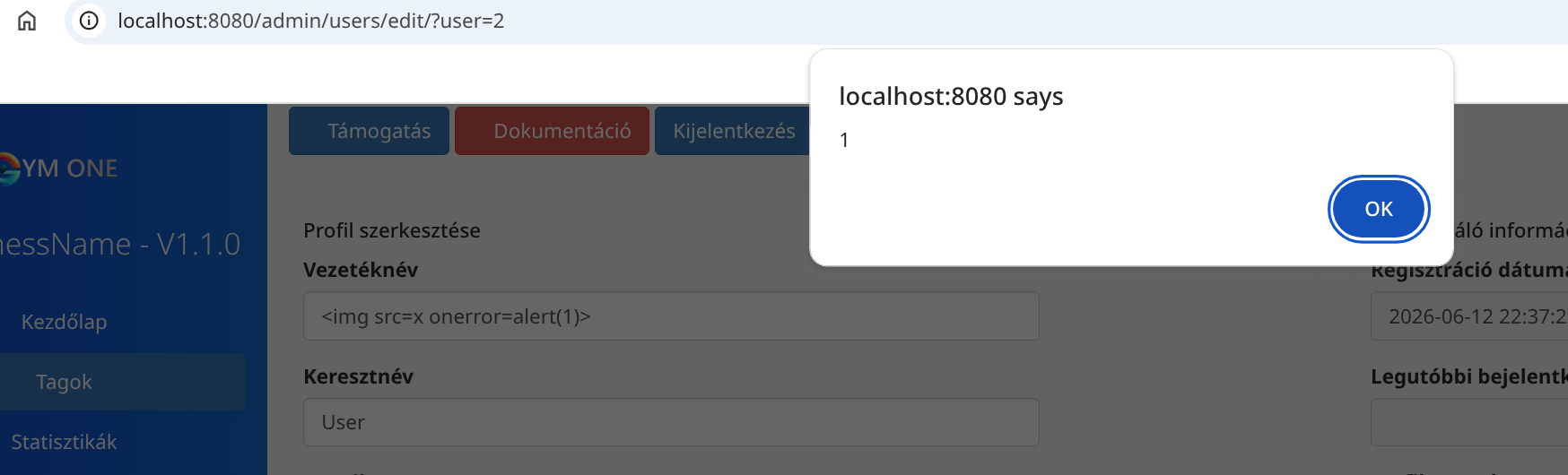 alert(1) executing via the stored payload in the admin user list