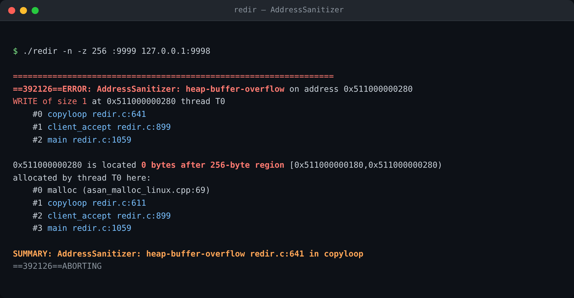 AddressSanitizer heap-buffer-overflow report for redir, pointing at redir.c:641 in copyloop(), allocation at redir.c:611